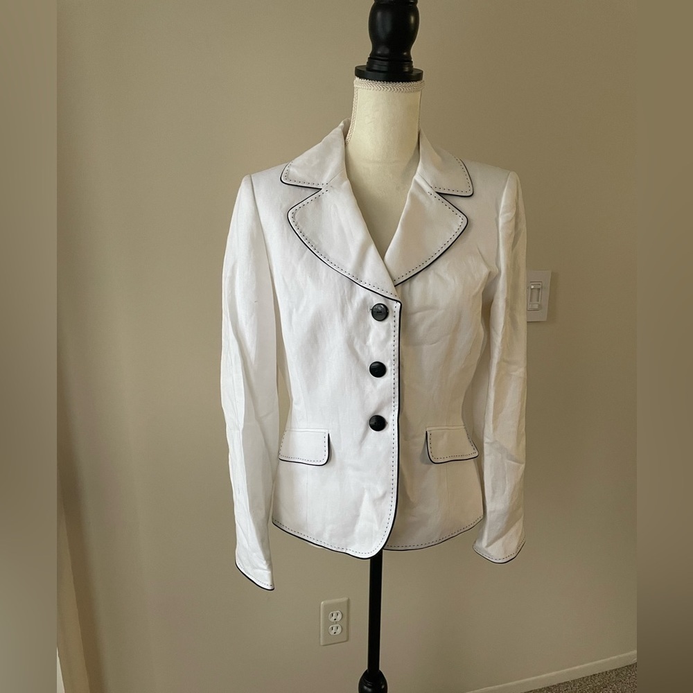 Tahari White Black Single Breasted Linen Vintage Blazer Notch Lapel Size 8